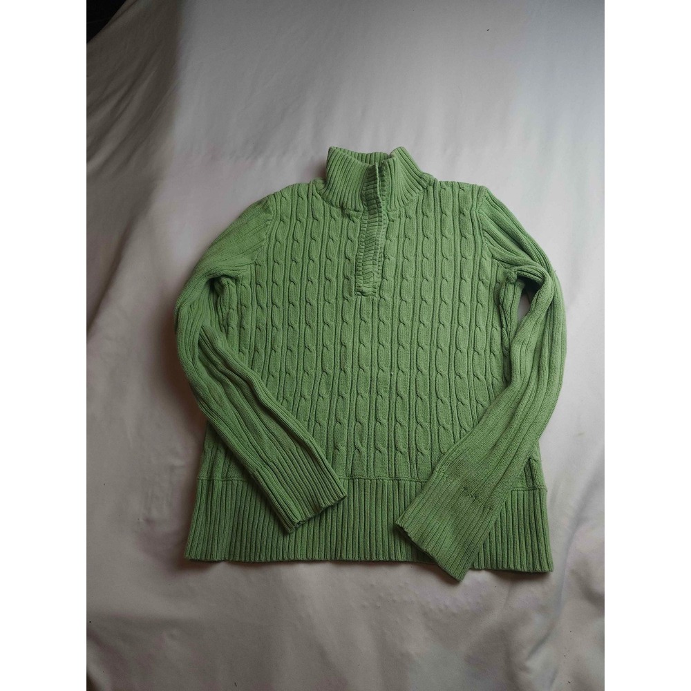Villager Liz Claiborne Green Cable Knit Mock Neck Button Sweater Womens Medium